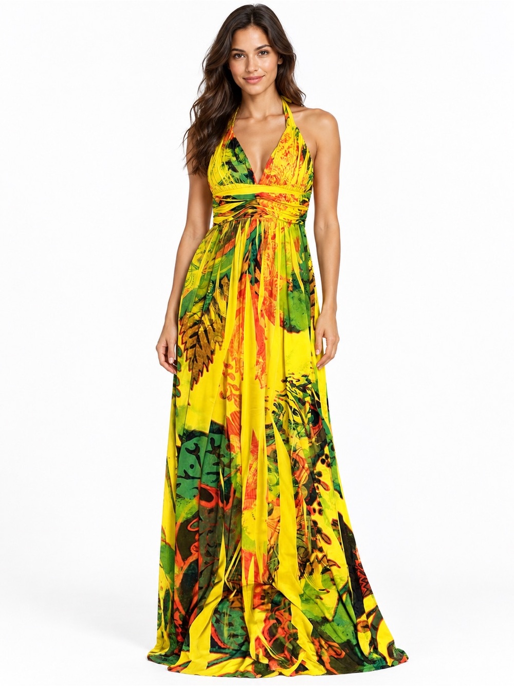 Yellow Tropical Print Halter Maxi Dress — Size Small